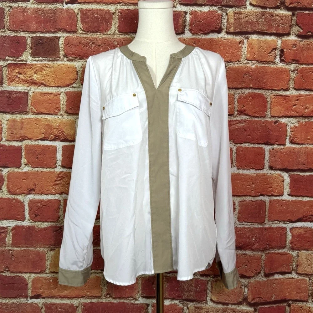 Michael Kors White Pullover V‎ Neck Blouse Pockets Women's Size Medium
